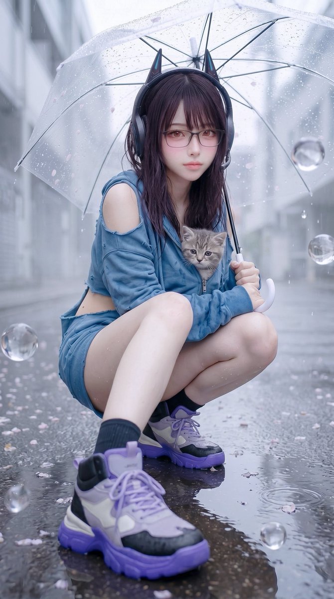 Portrait realistic rain city melancholic
