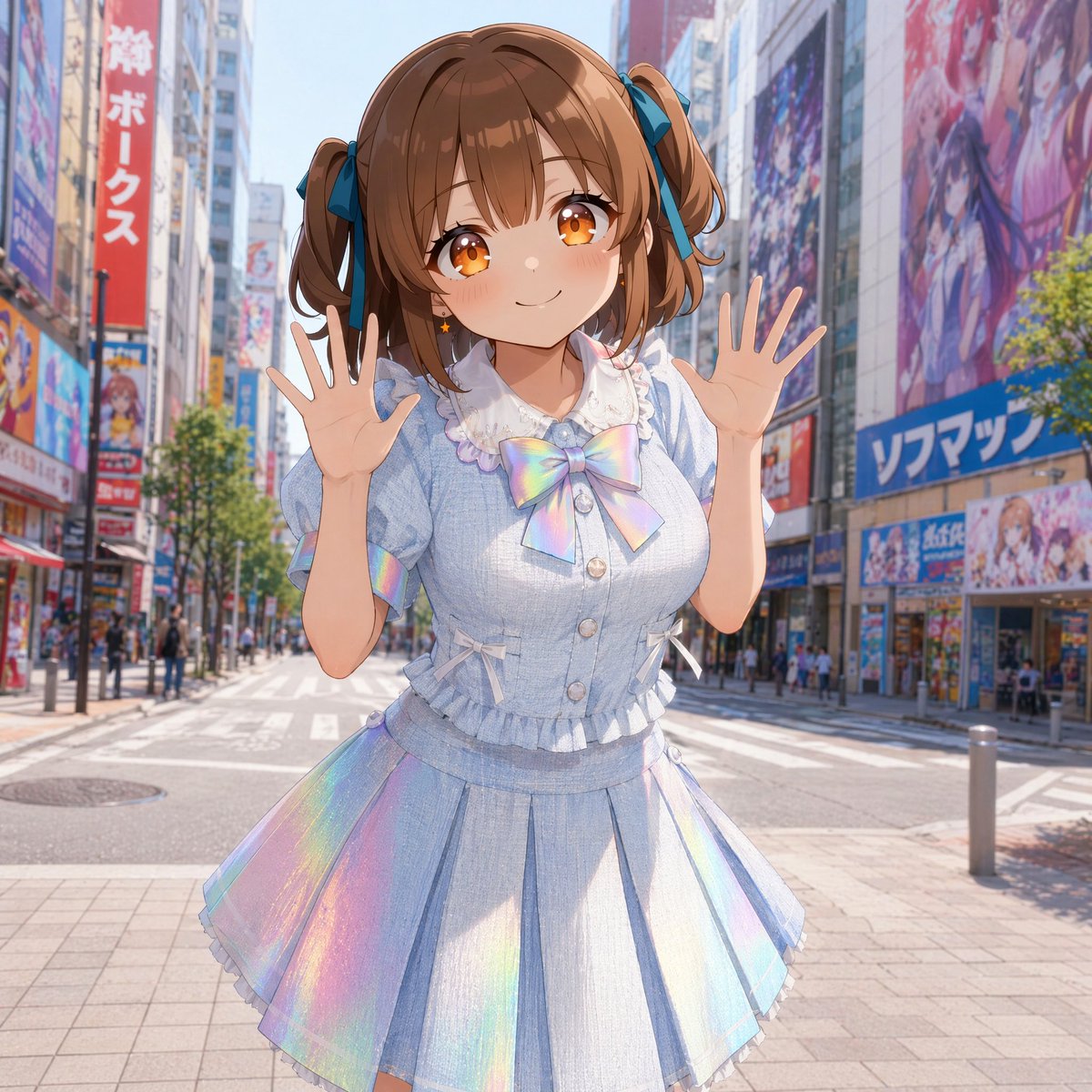 Girl anime illustration city street cute