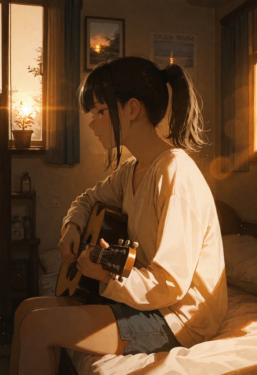Female cinematic anime bedroom ocean