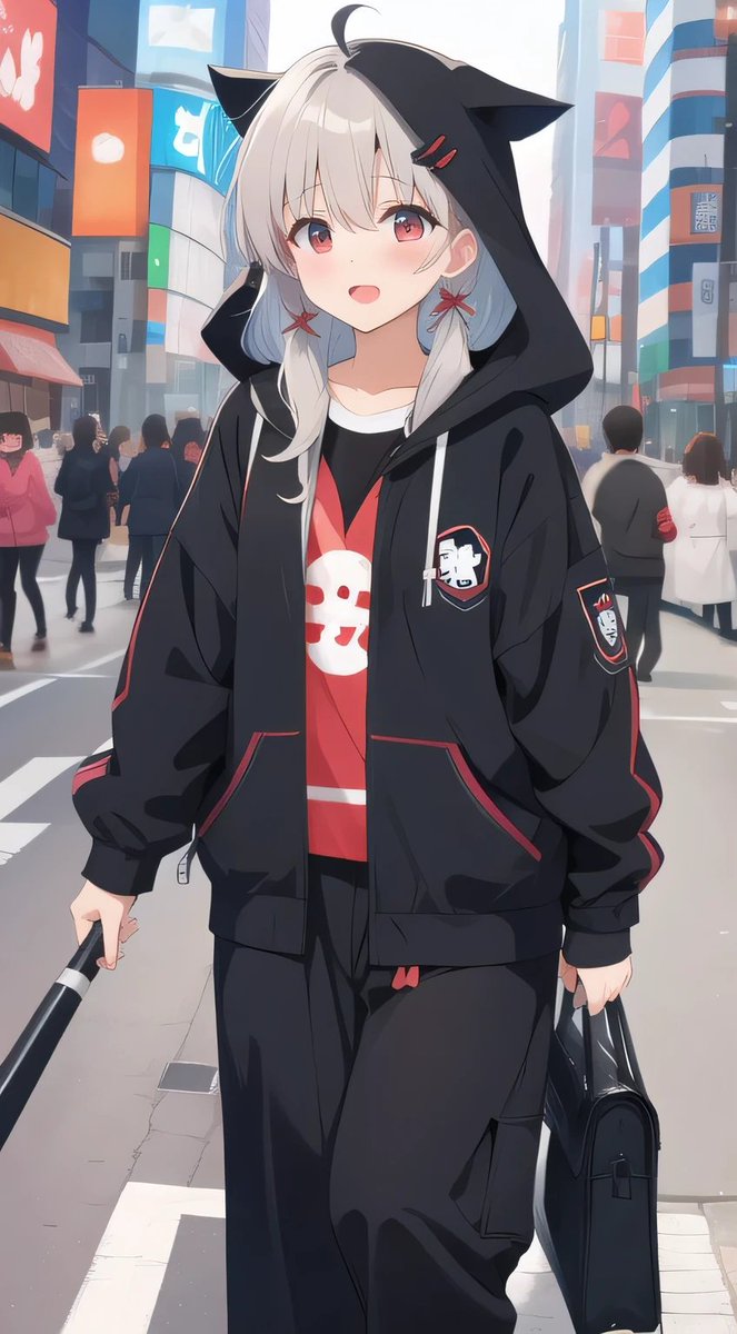 Cat anime illustration street city