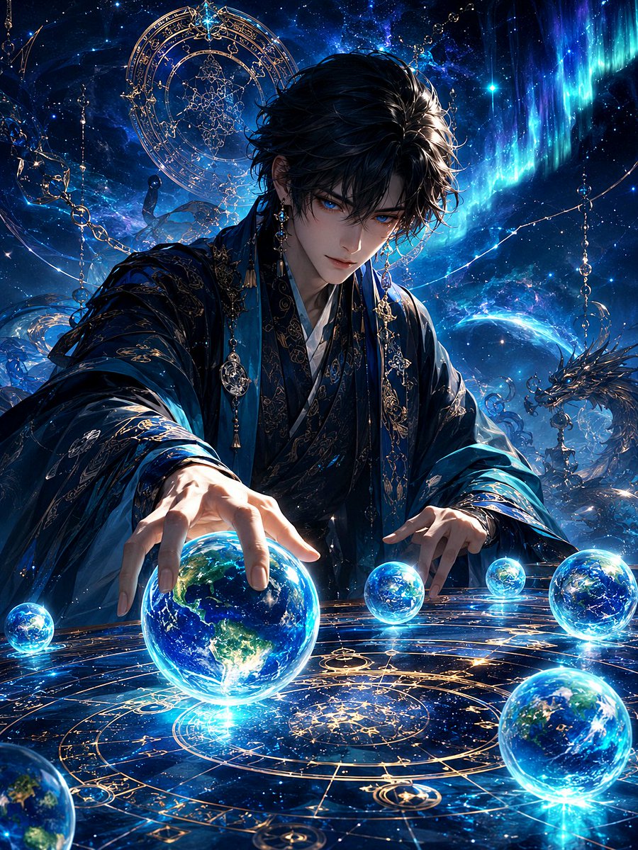 Male anime illustration cosmic dark elegant