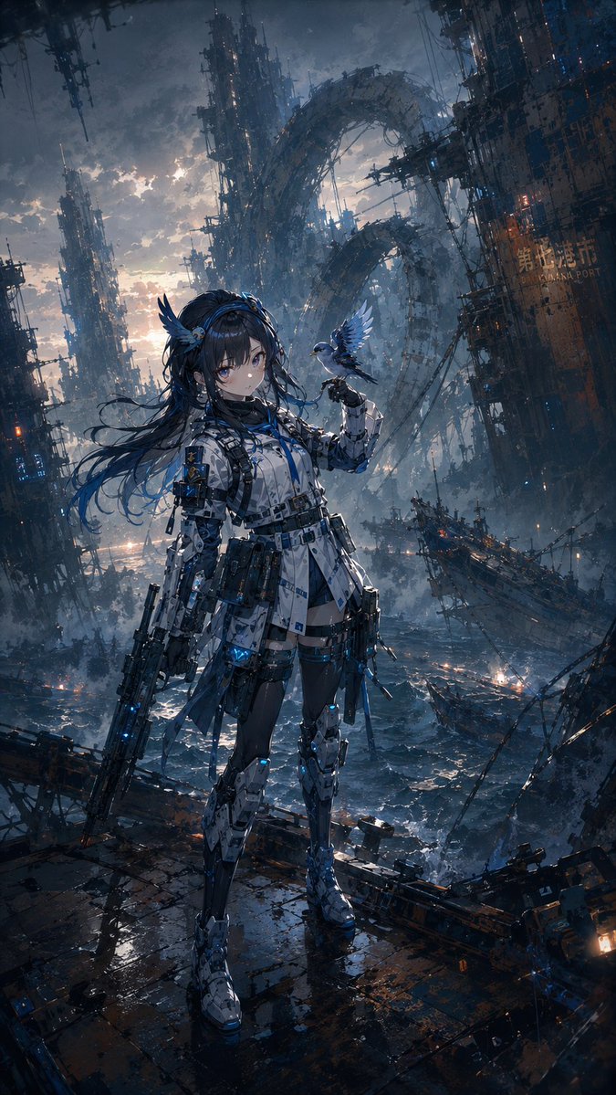 Melancholic futuristic ocean anime girl illustration.