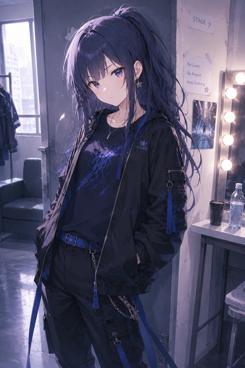 Female anime illustration, cool-tone street atmosphere.