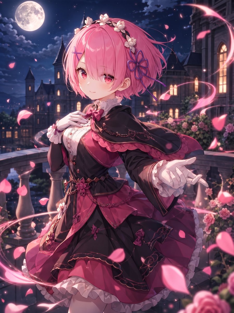 Girl anime illustration night scene castle elegant