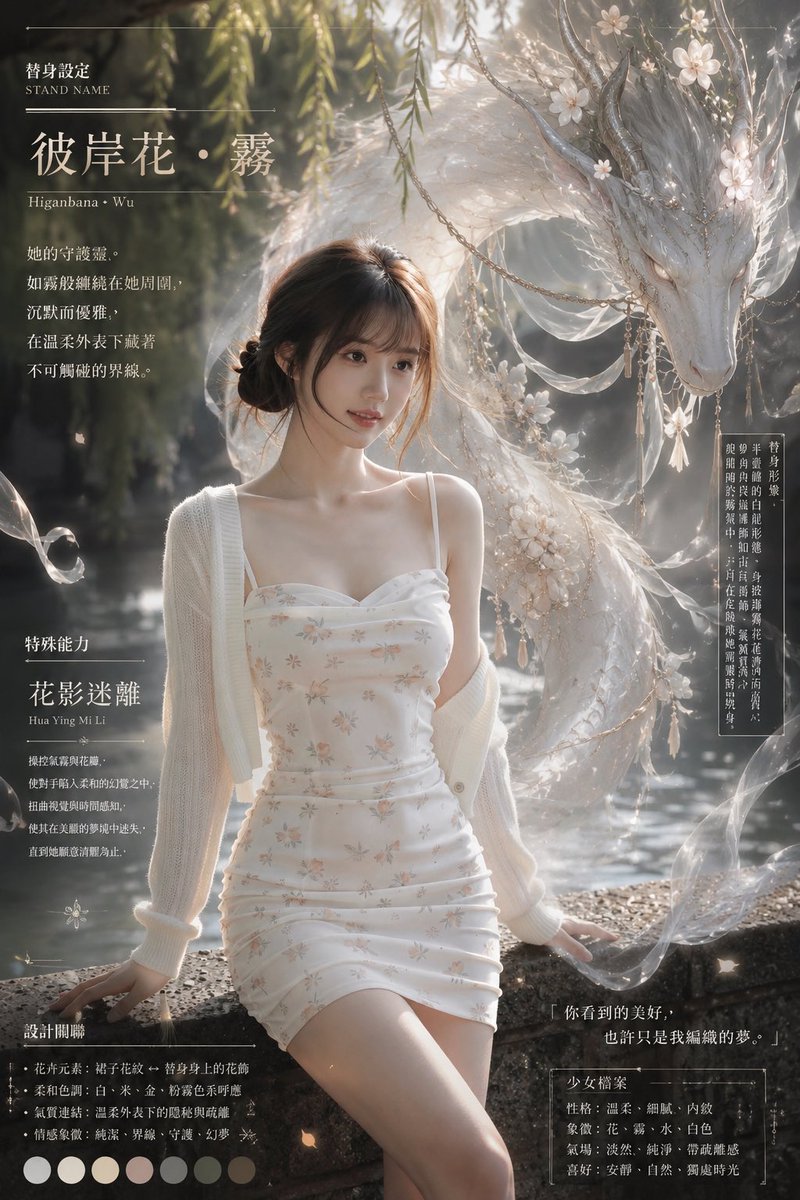 Realistic portrait poster, dreamy garden atmosphere.