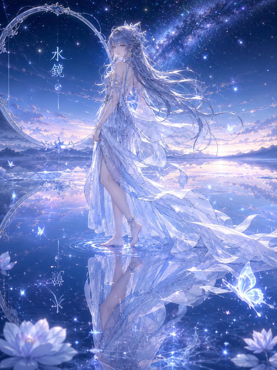 Girl anime illustration starry night sky elegant