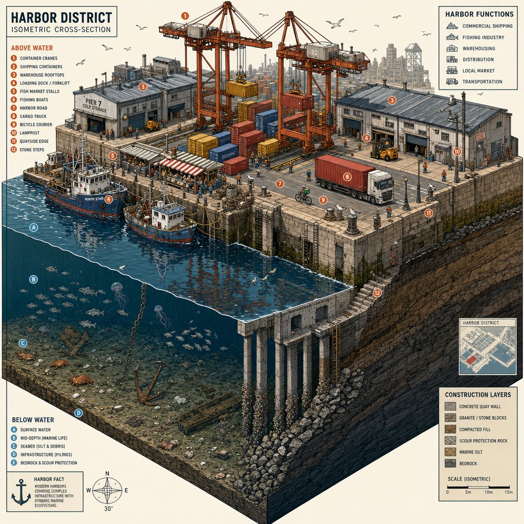 Isometric harbor district cross-section