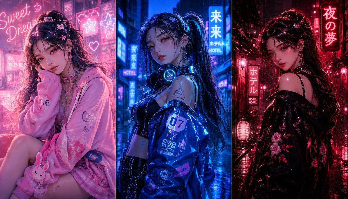 Girl anime realistic neon street cute