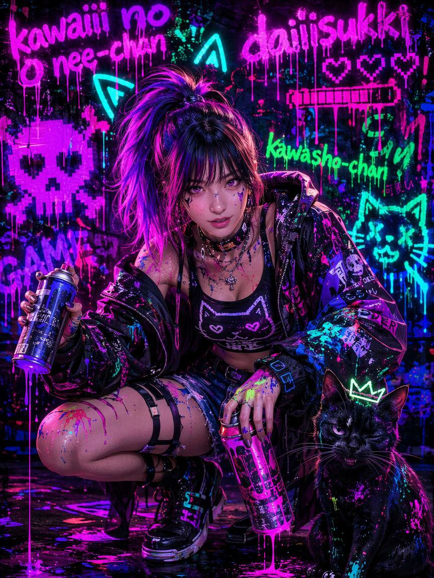 Portrait anime graffiti neon cyberpunk cute