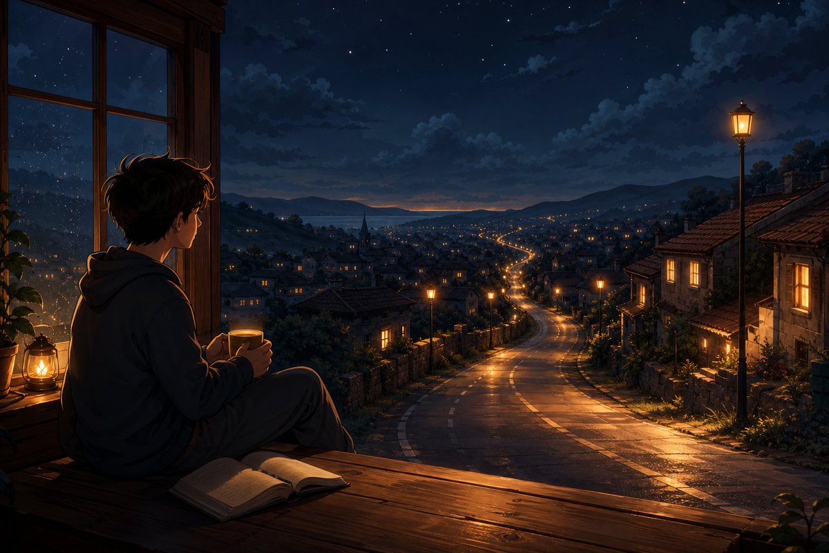 Anime boy by the night window.