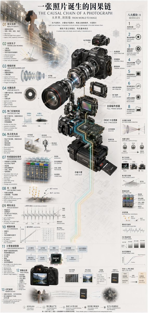 Camera exploded view infographic.