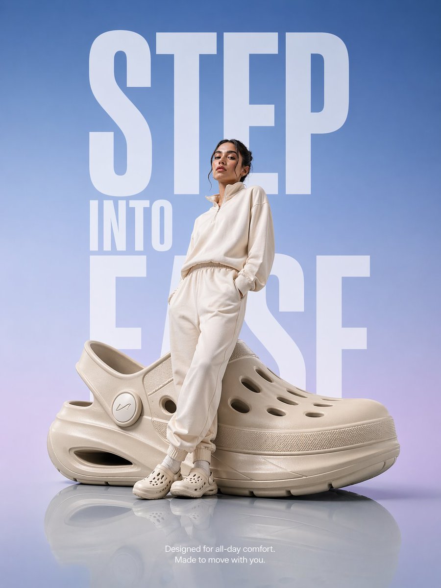 Futuristic comfortable clog product advertisement.