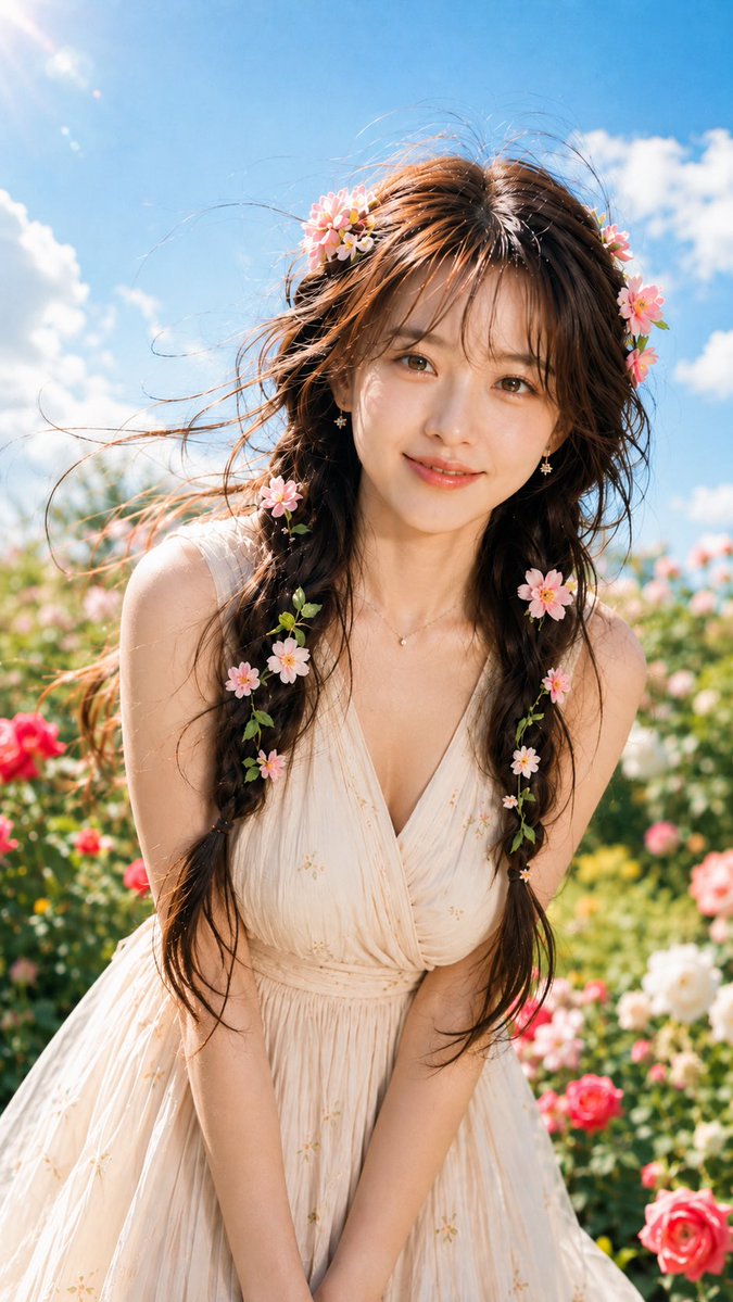 Realistic film-style gentle morning garden woman.