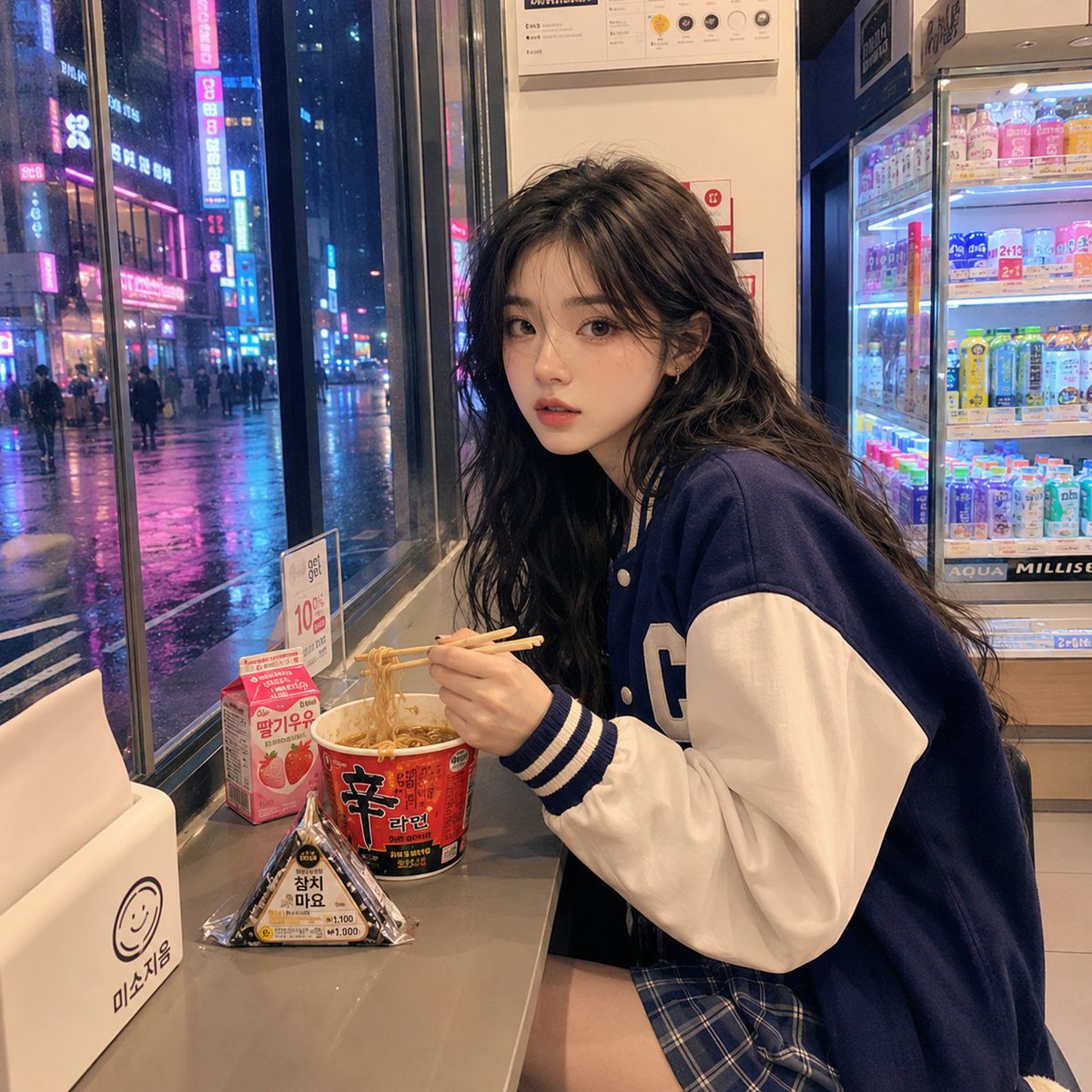 Girl realistic cinematic convenience store neon melancholic