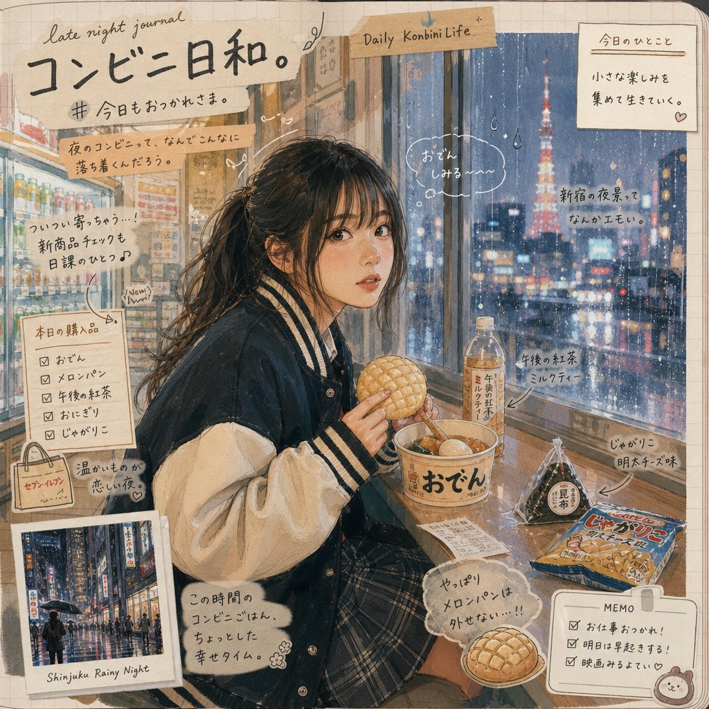 Character realistic watercolor convenience store rain cute