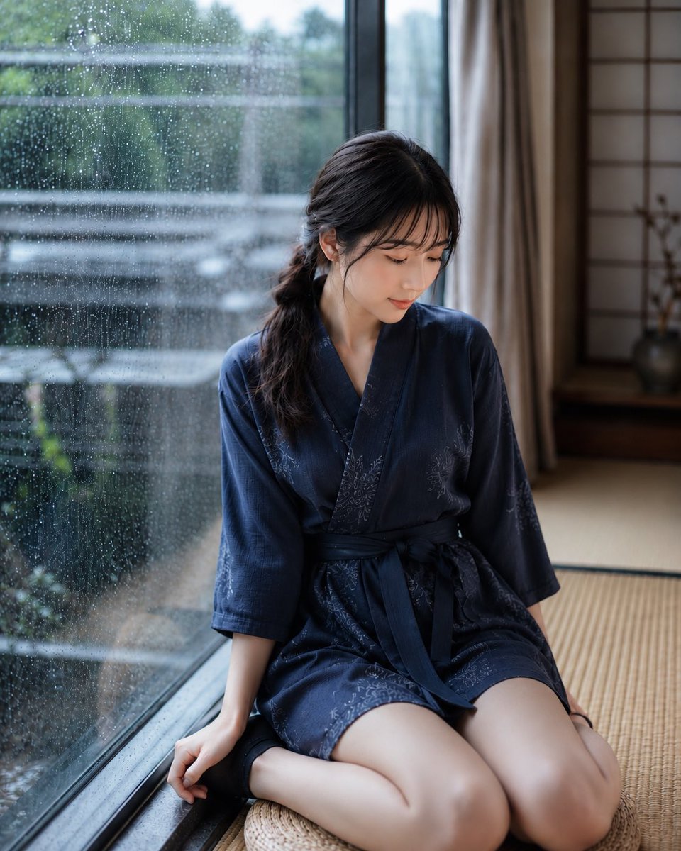 Female realistic rain indoor elegant