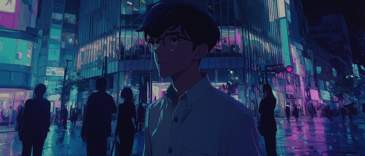 Character cinematic anime neon night scene melancholic