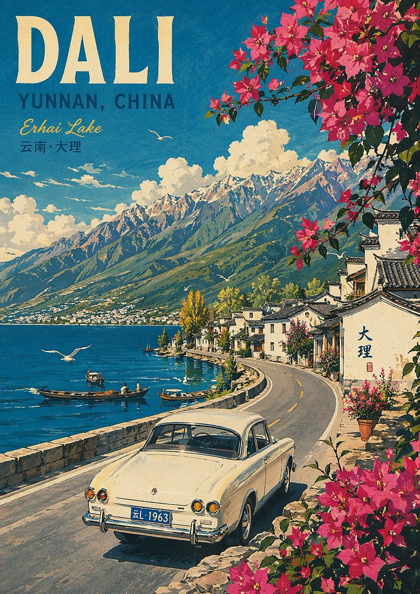 Car illustration poster retro mountain