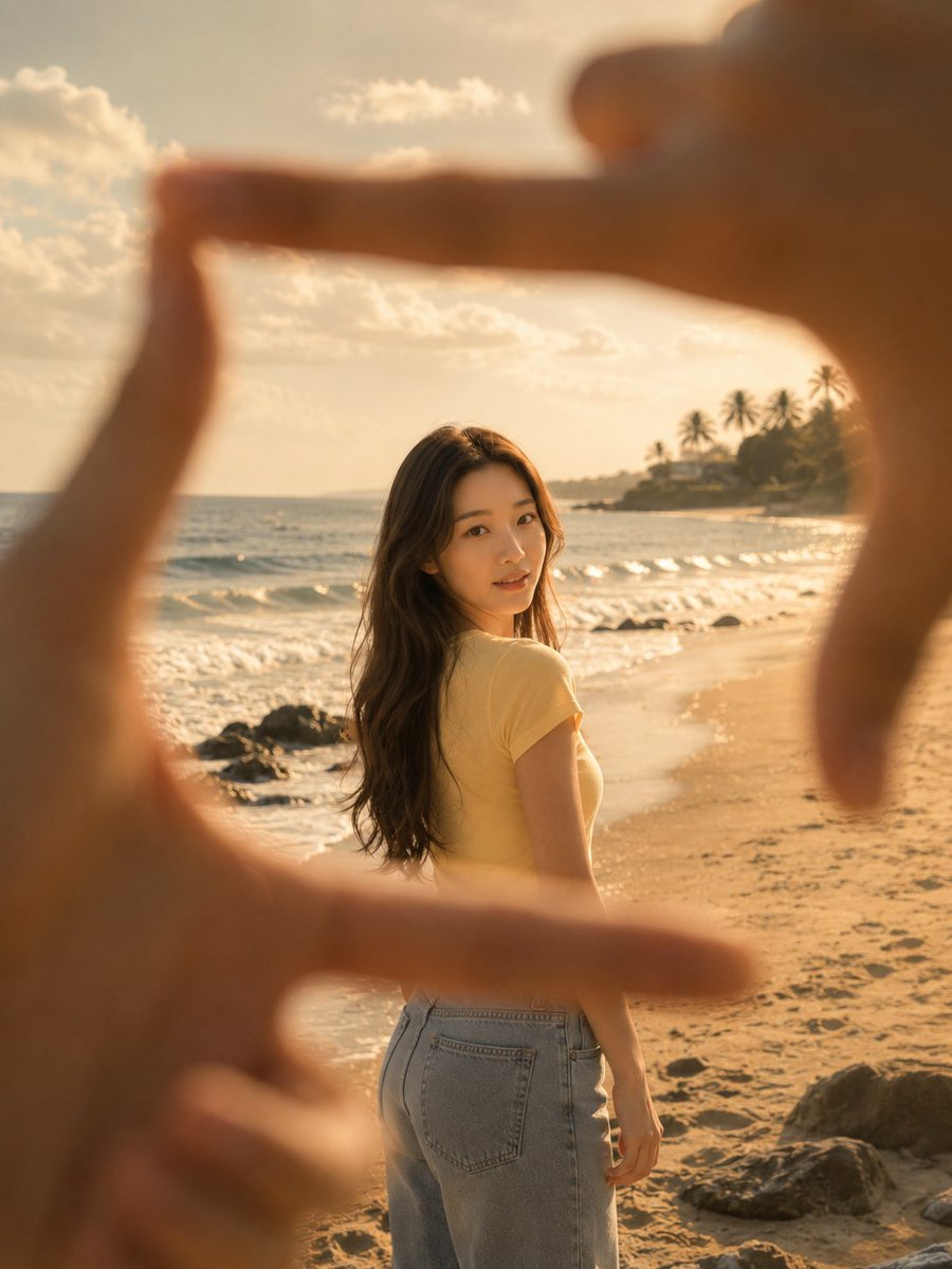 First-person beach finger-frame portrait