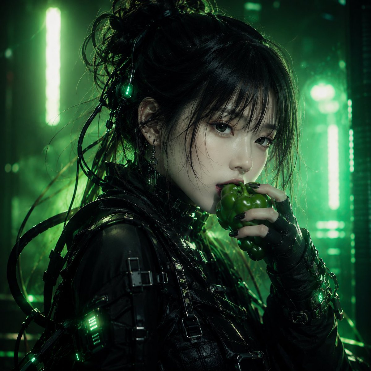 Cyber-realistic neon cyberpunk melancholic portrait.