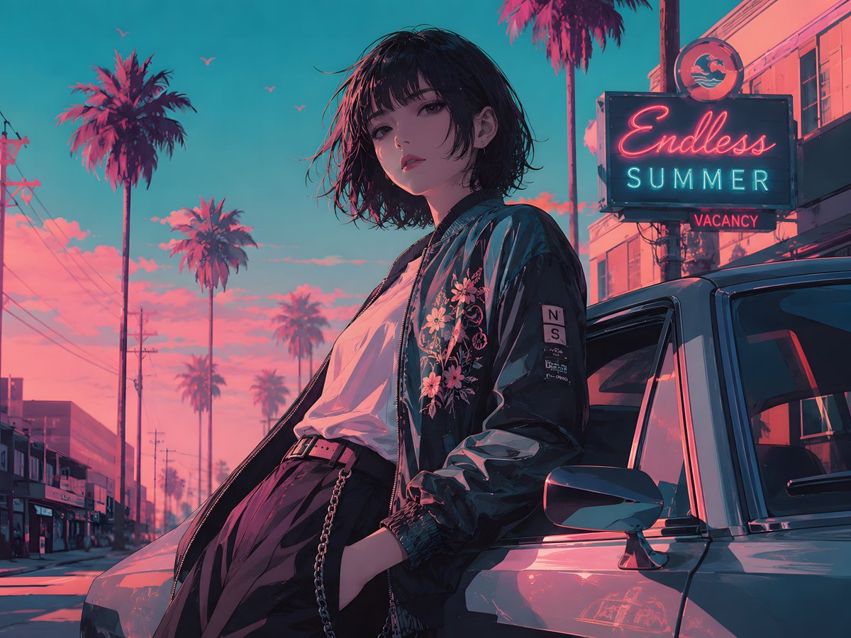 Female cinematic anime neon retro