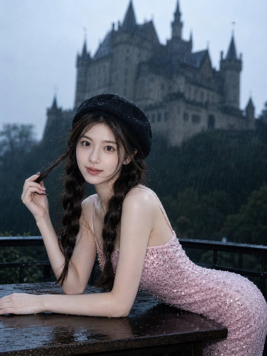 Portrait anime realistic rain castle melancholic