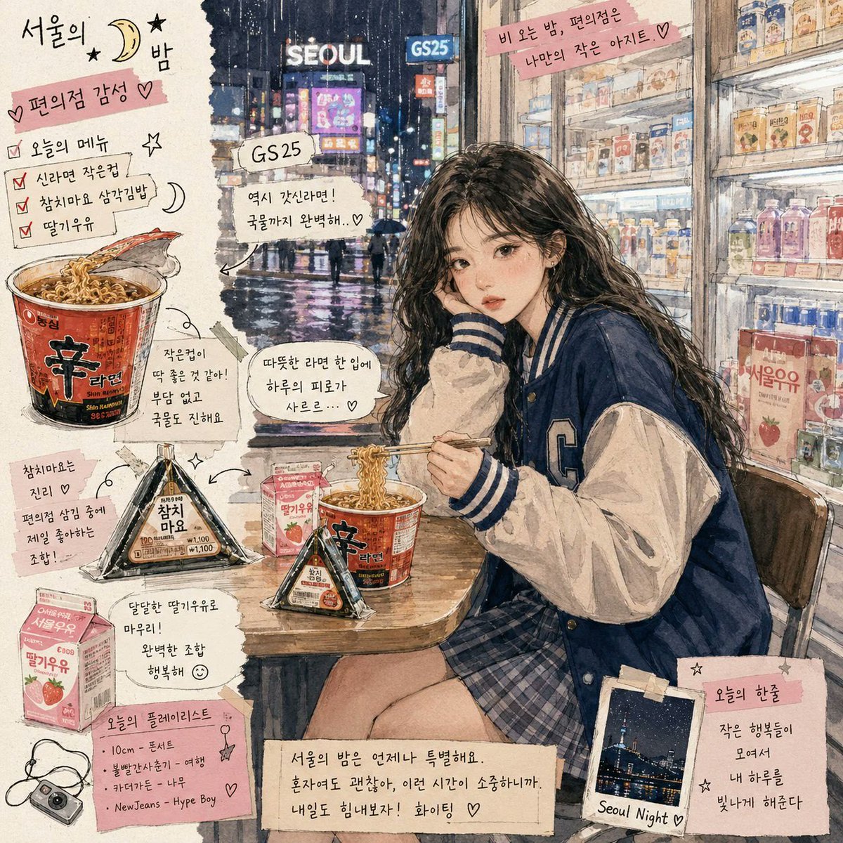 Food illustration watercolor convenience store night scene