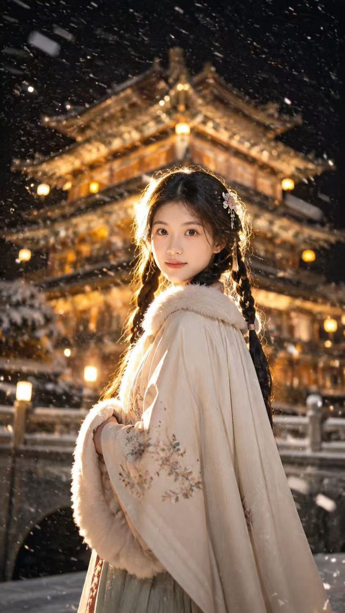 Portrait cinematic realistic snowy night scene atmosphere