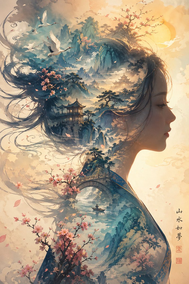 Female illustration poster dreamy mountain elegance