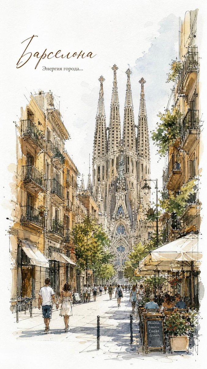 Architectural illustration watercolor city street elegance