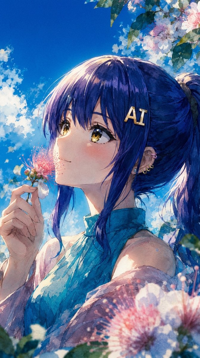 Cool-toned outdoor anime watercolor portrait