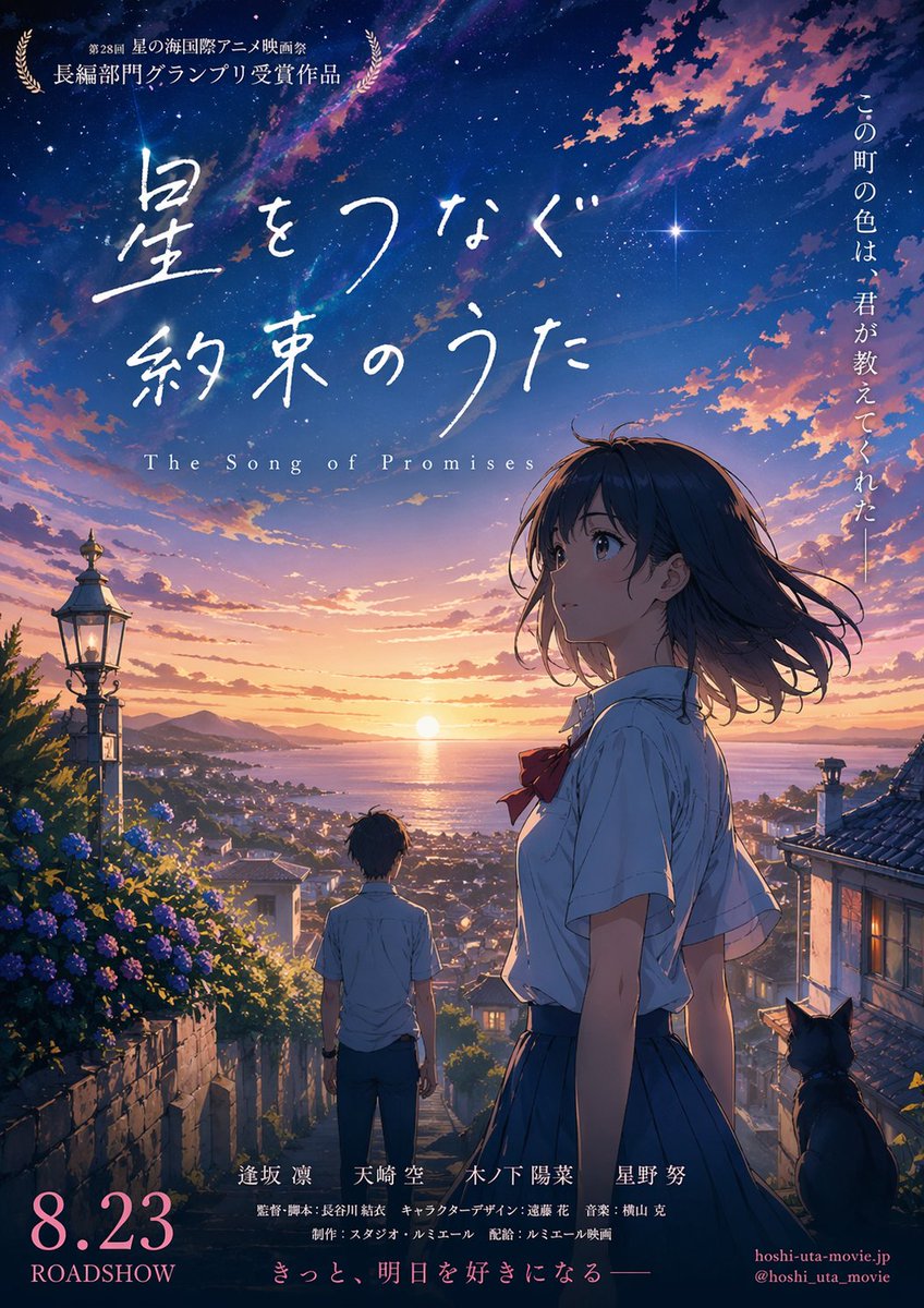 Cat, anime poster, mountain, ocean, melancholy