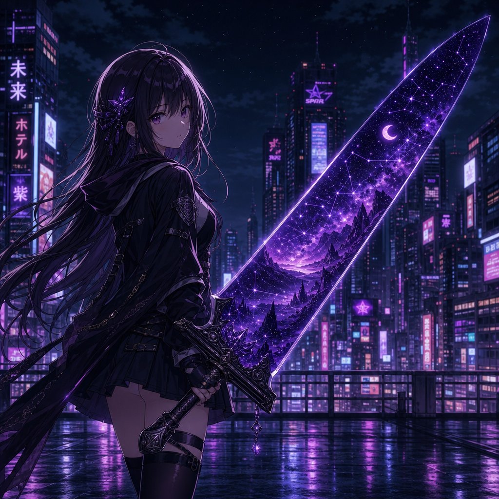 Girl, anime, illustration, neon, night scene, cute