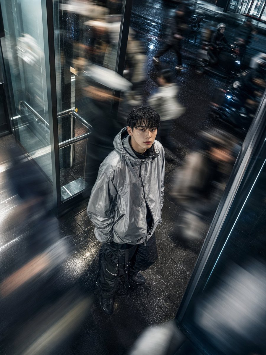 Portrait, anime, realistic, rain, street, high-end