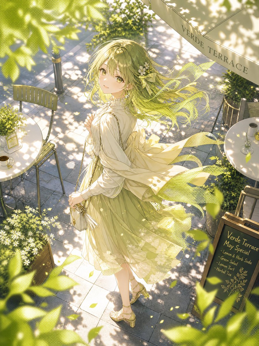 Female anime illustration, outdoor, dreamy, elegant