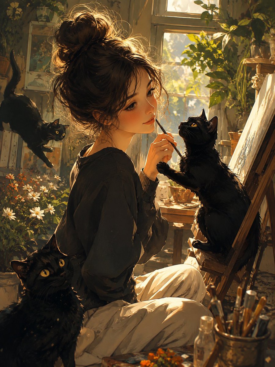 Cat cinematic illustration, rain, warm