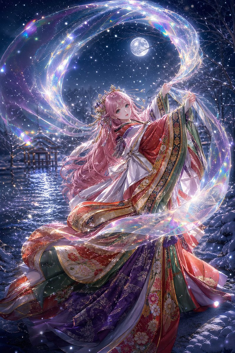 Character anime illustration night snow elegance