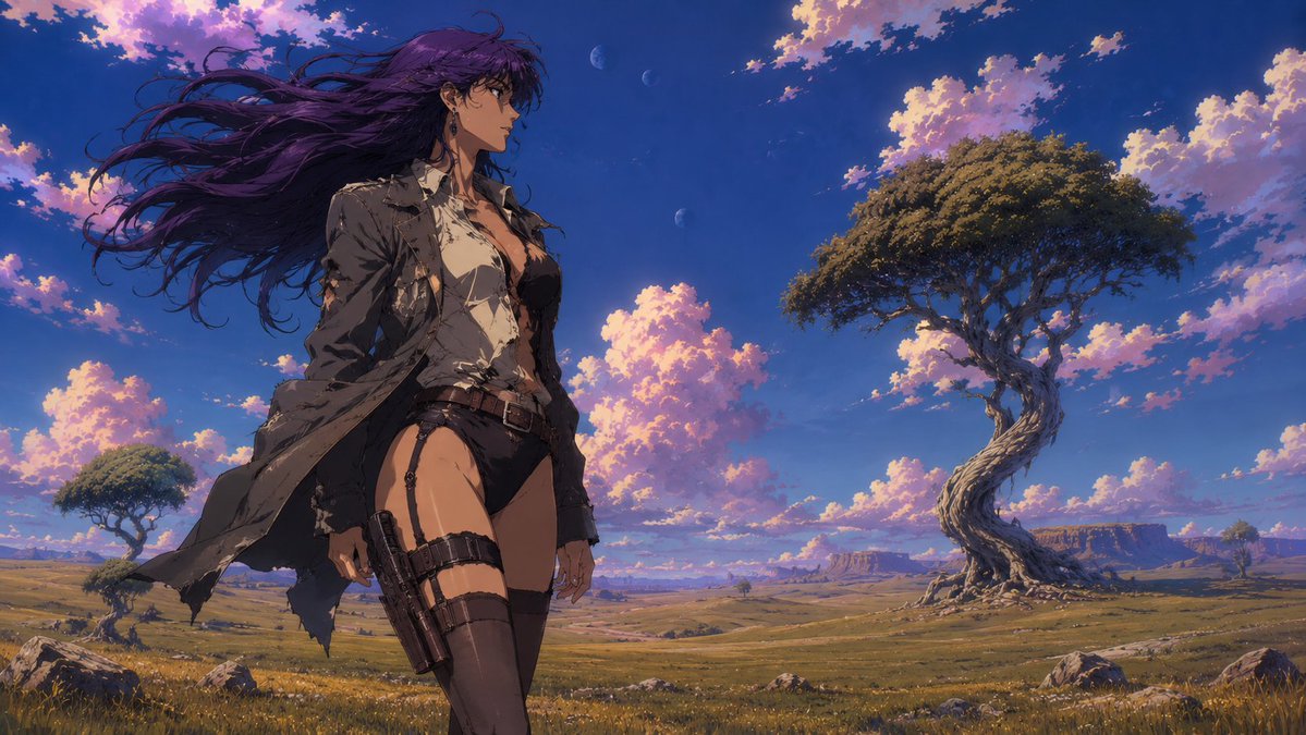 Character anime illustration mountain grassland