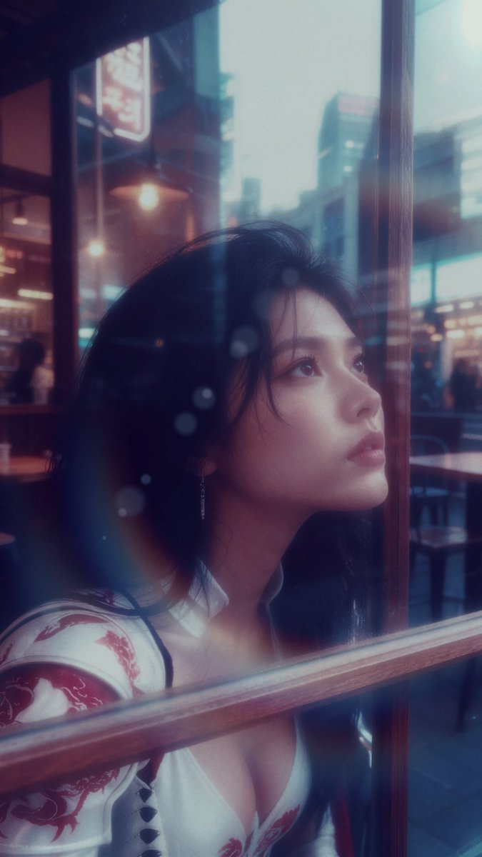 Film-realistic character, café, rain.