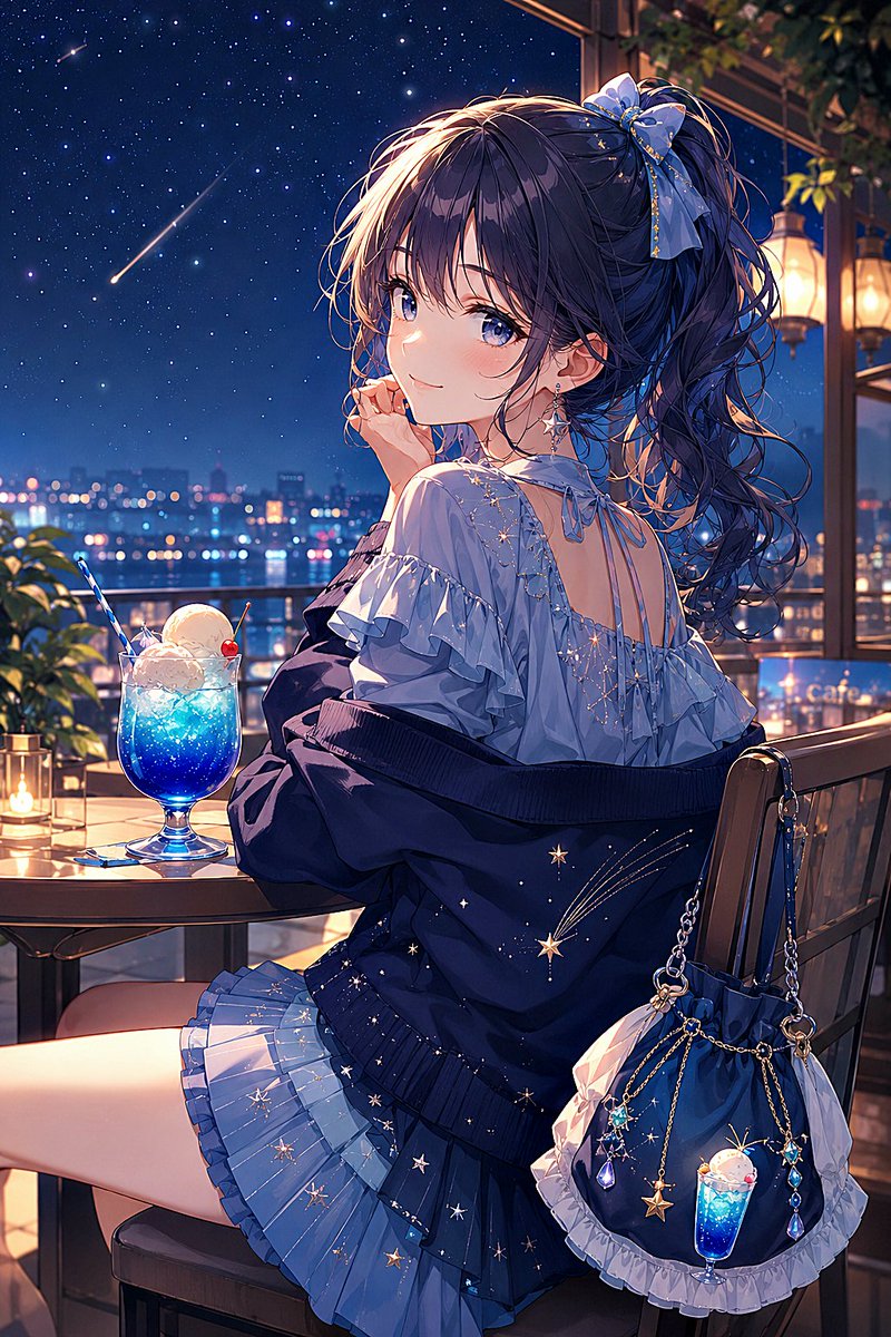 Female anime illustration city starry sky.