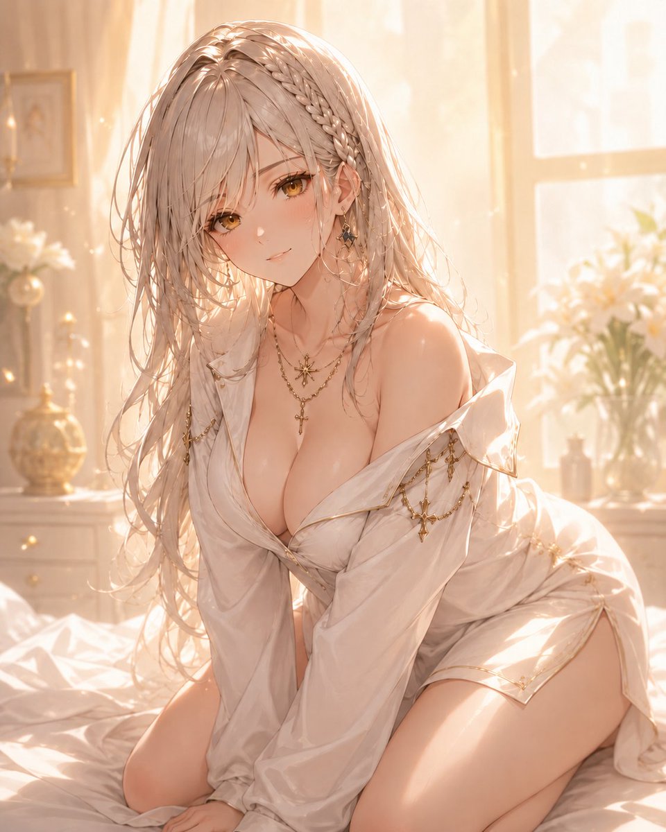 Character anime illustration, early morning bedroom, elegant