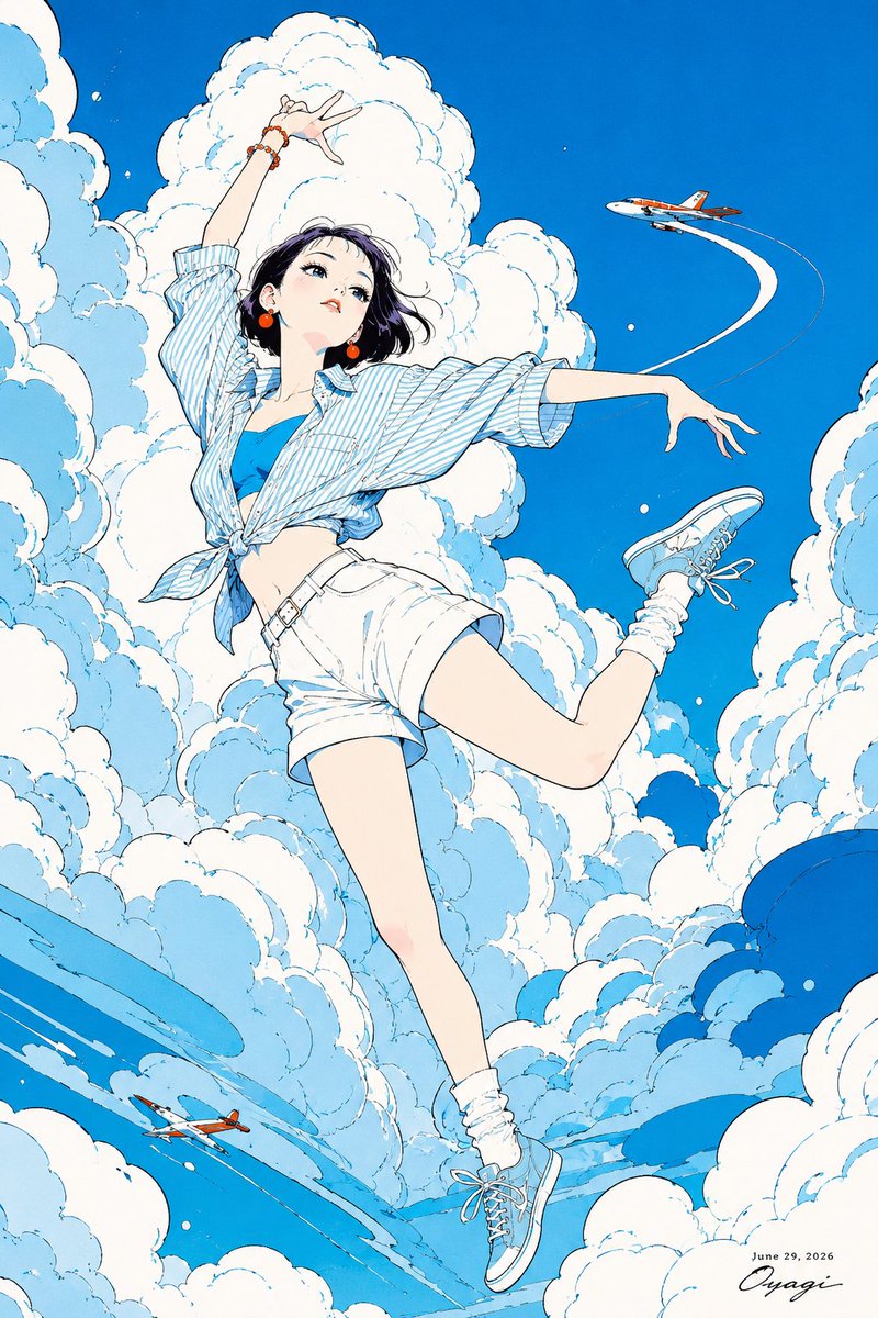 Female anime illustration dreamy city