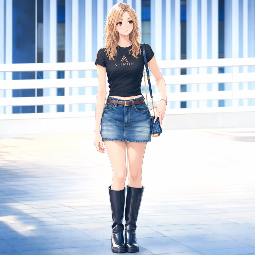 Anime illustration of a woman, urban outdoor, elegant.