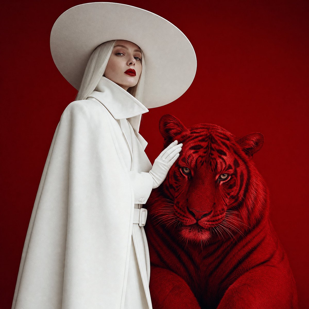 Woman wearing an all-white wide-brimmed hat and a long structured white coat