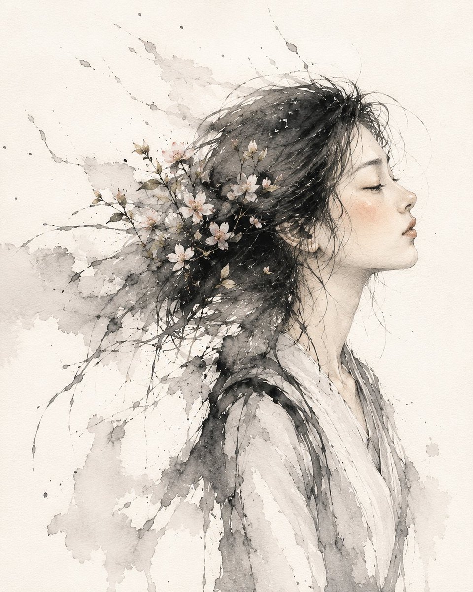 Portrait Watercolor Realistic Cherry Blossom Elegance