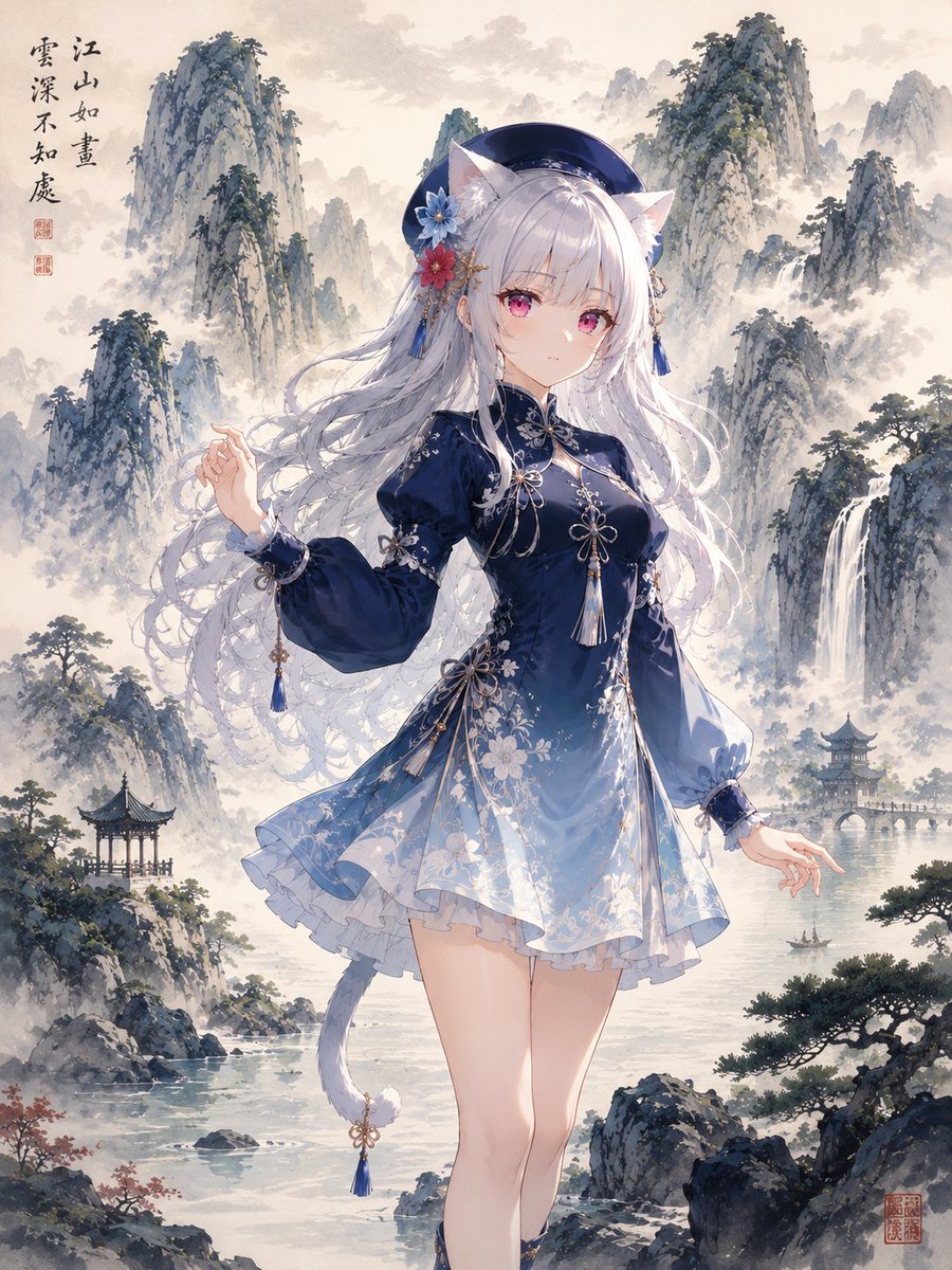 Girl anime illustration mountain indoor elegant