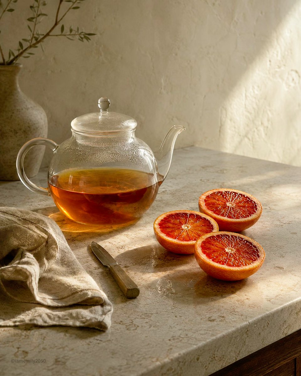 Still life of tea and blood oranges in sunlight