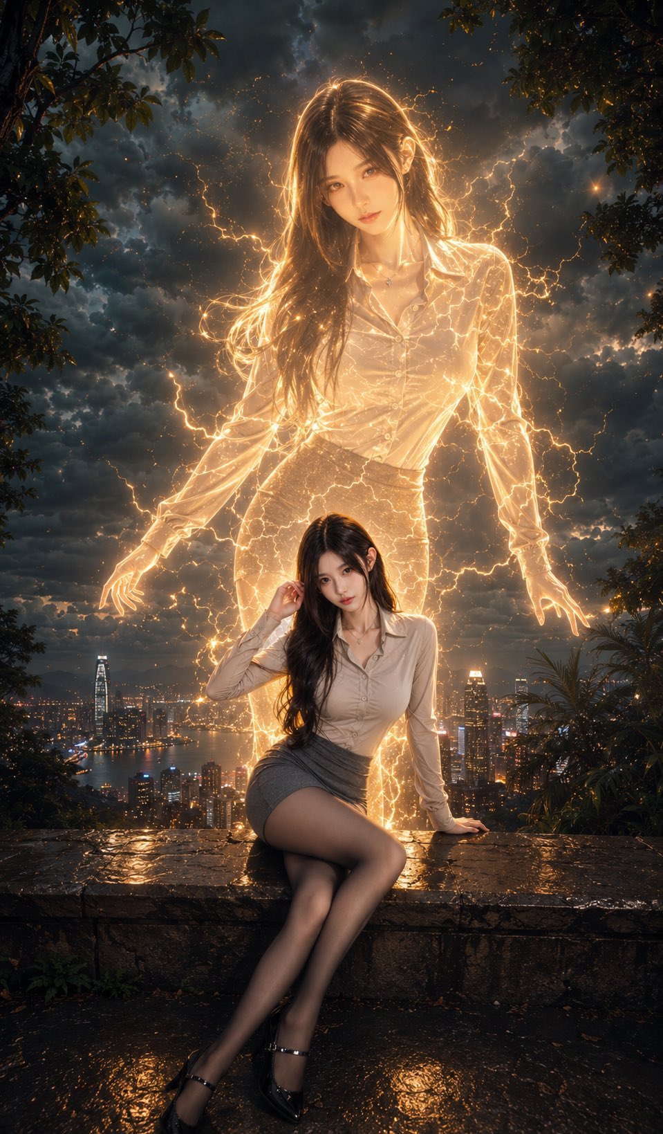 Girl cinematic anime mountain city beautiful