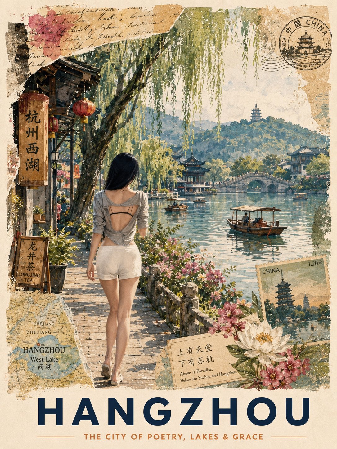 Female illustration watercolor city vintage atmosphere