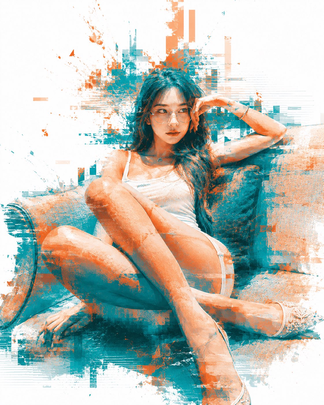 Portrait, pixel, cyber, cool-toned cosmic elegance.
